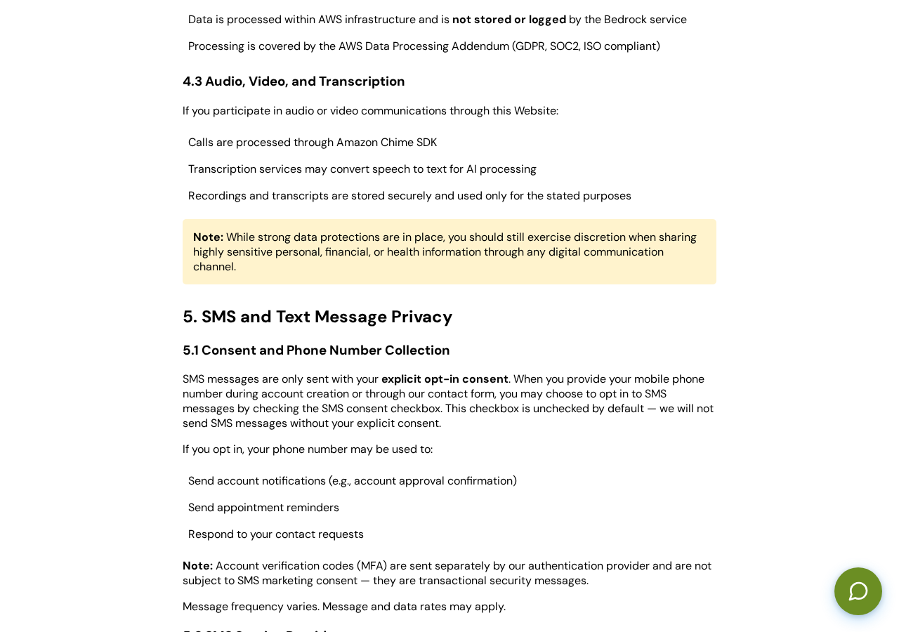 Privacy Policy Section 5 covering SMS consent and phone number privacy