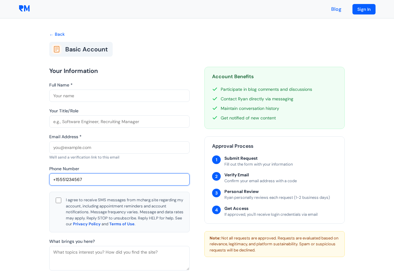 Account request form showing unchecked SMS consent checkbox with disclosure text