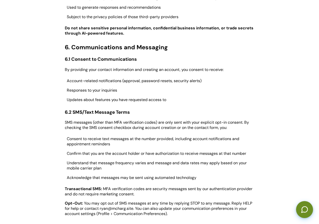 Terms of Use Section 6.2 covering SMS message terms and consent